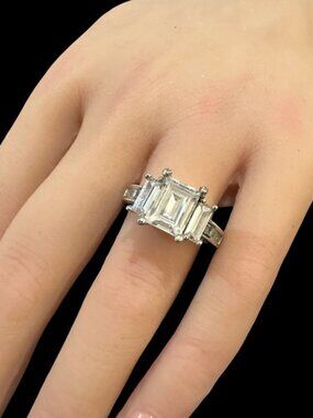 Silver-Tone Engagement Ring With Emerald-Cut Glass Center Stones Size 8.5
